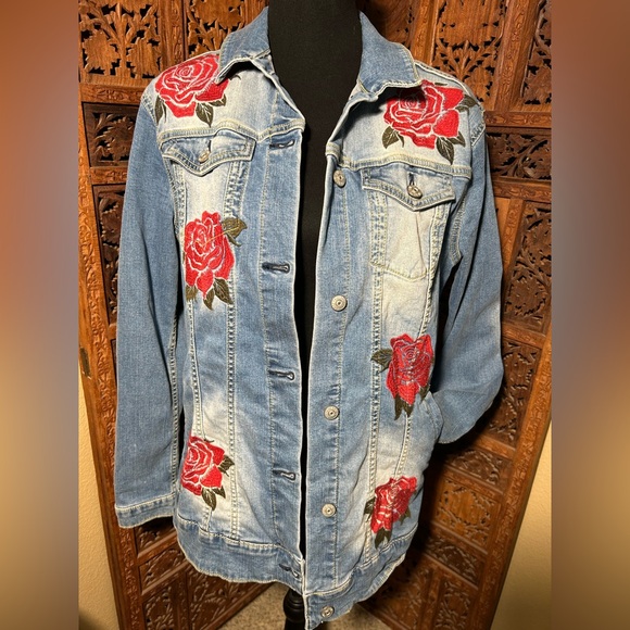 LuLaRoe Jackets & Blazers - LuLaRoe Jaxon Floral Rose Embroidered Denim Jean Jacket
